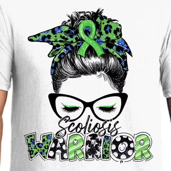 Scoliosis Warrior Awareness Messy Bun Green Ribbon In June Pajama Set