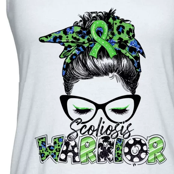 Scoliosis Warrior Awareness Messy Bun Green Ribbon In June Ladies Essential Flowy Tank