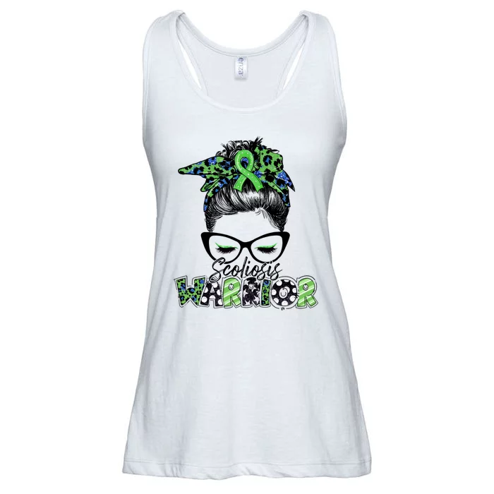 Scoliosis Warrior Awareness Messy Bun Green Ribbon In June Ladies Essential Flowy Tank