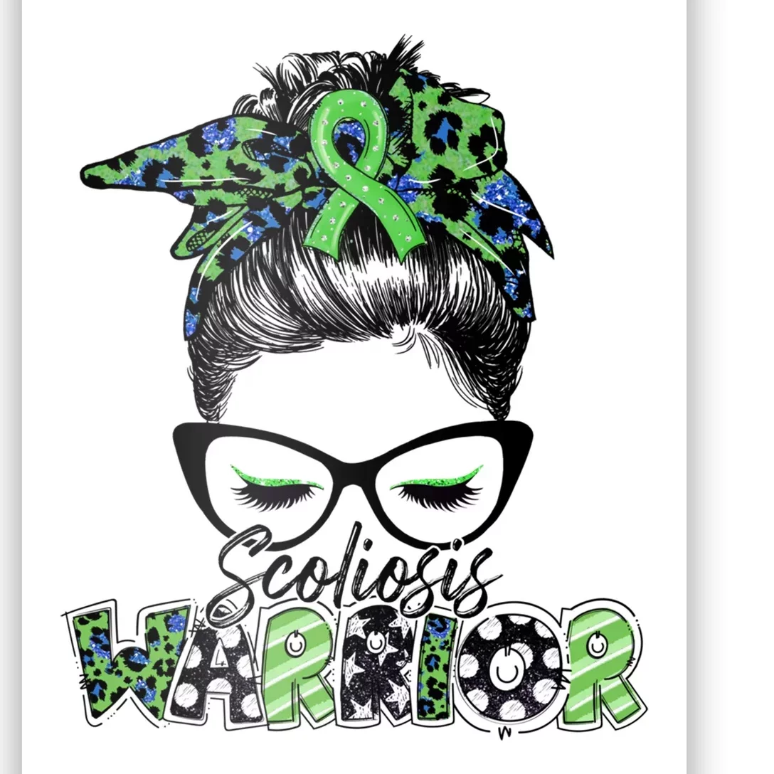 Scoliosis Warrior Awareness Messy Bun Green Ribbon In June Poster