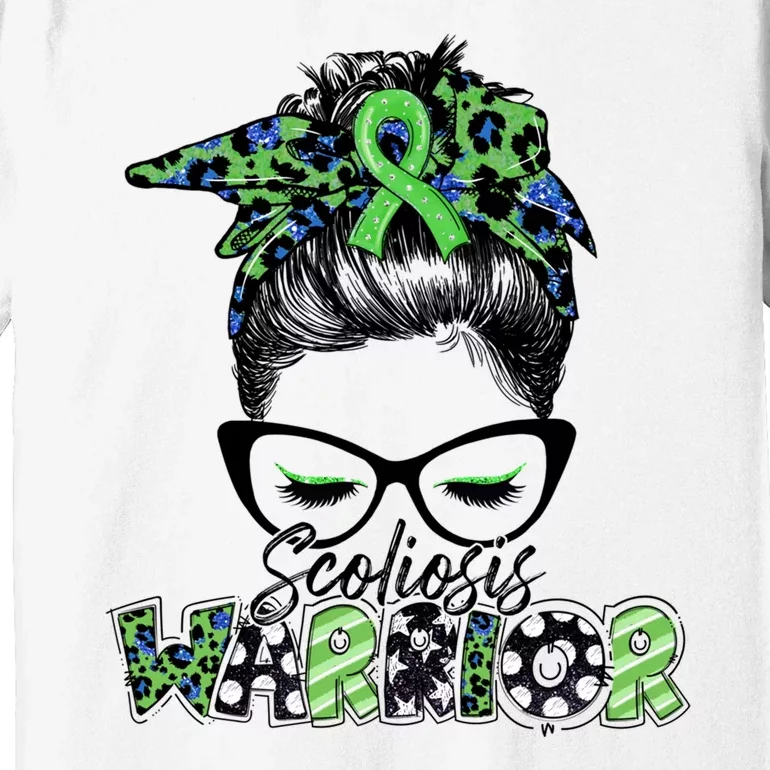 Scoliosis Warrior Awareness Messy Bun Green Ribbon In June Premium T-Shirt