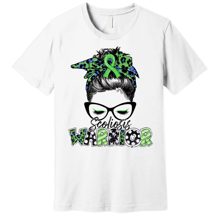 Scoliosis Warrior Awareness Messy Bun Green Ribbon In June Premium T-Shirt