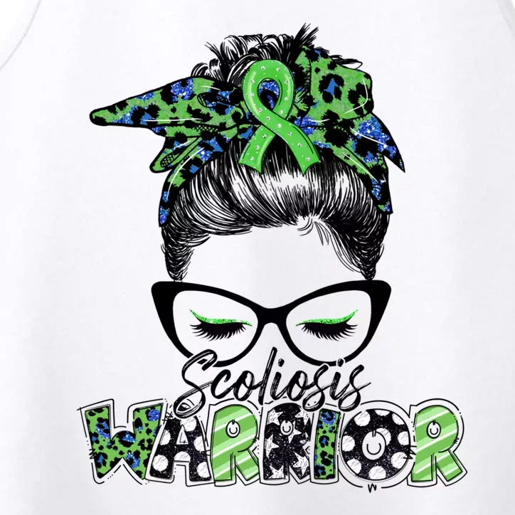 Scoliosis Warrior Awareness Messy Bun Green Ribbon In June Performance Tank