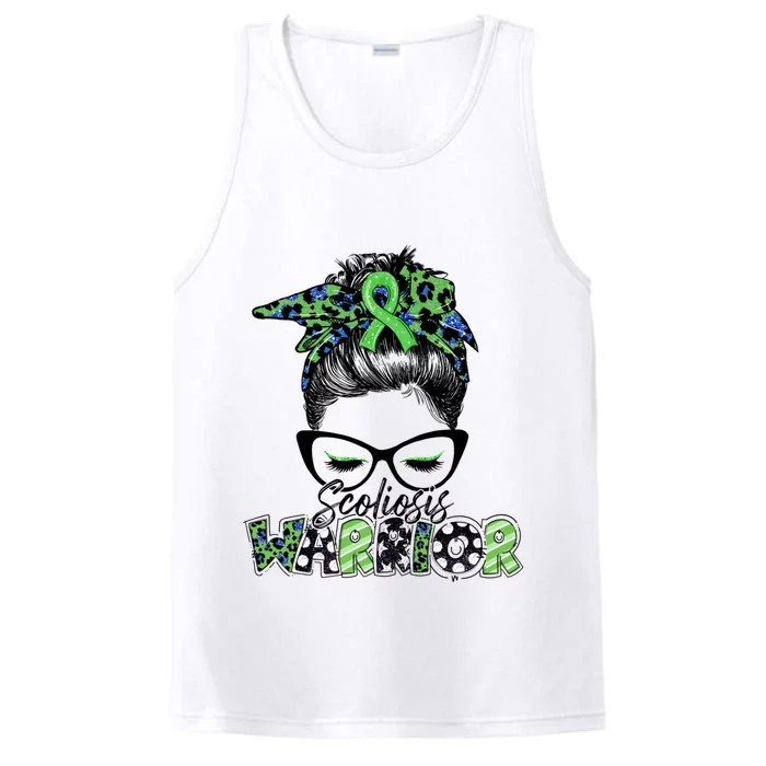 Scoliosis Warrior Awareness Messy Bun Green Ribbon In June Performance Tank