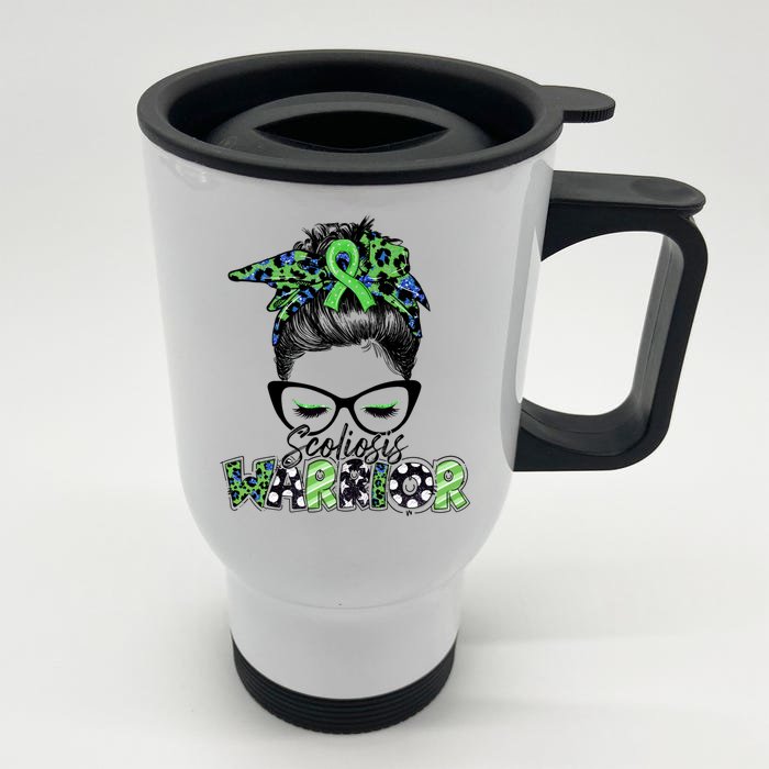 Scoliosis Warrior Awareness Messy Bun Green Ribbon In June Front & Back Stainless Steel Travel Mug