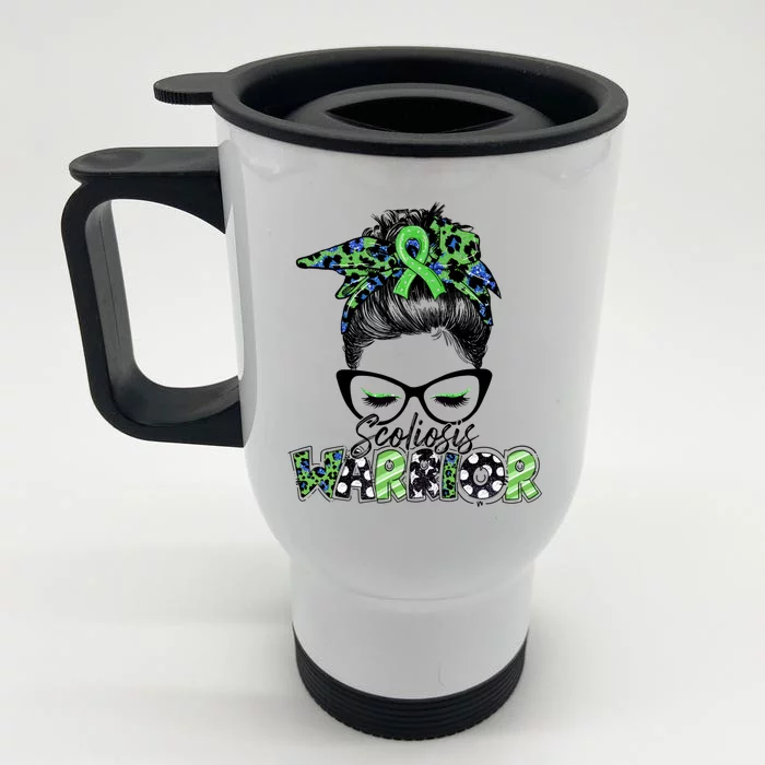 Scoliosis Warrior Awareness Messy Bun Green Ribbon In June Front & Back Stainless Steel Travel Mug