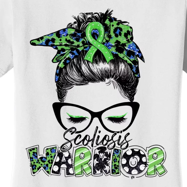 Scoliosis Warrior Awareness Messy Bun Green Ribbon In June Women's T-Shirt