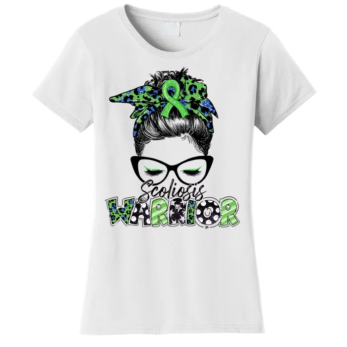 Scoliosis Warrior Awareness Messy Bun Green Ribbon In June Women's T-Shirt