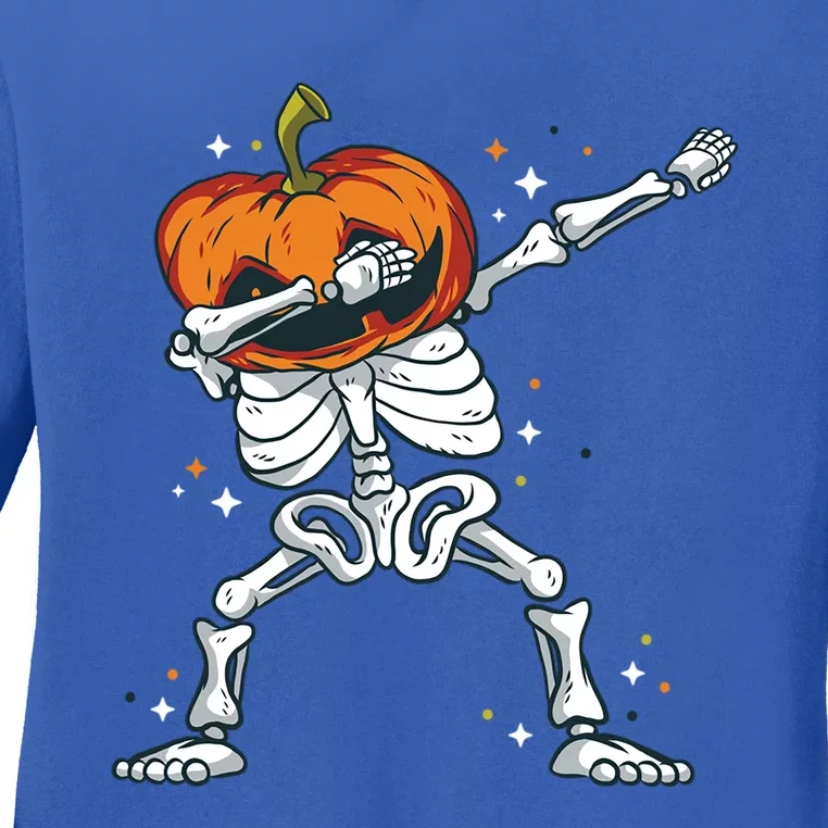 Skeleton With A Pumpkin Head Doing The Dab Dance Funny Gift Ladies Long Sleeve Shirt