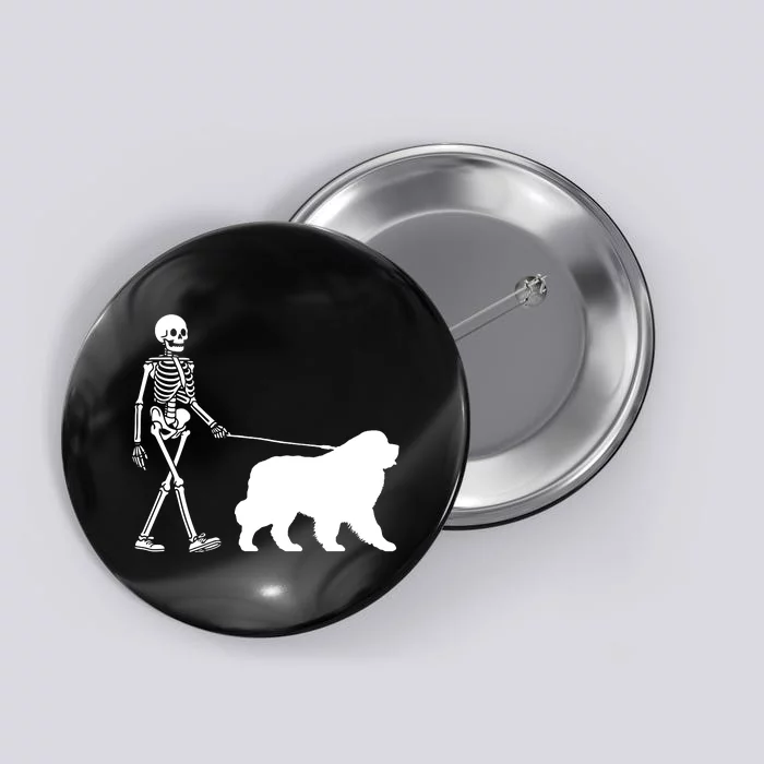 Skeleton Walking A Newfoundland Dog Halloween Outfit Button