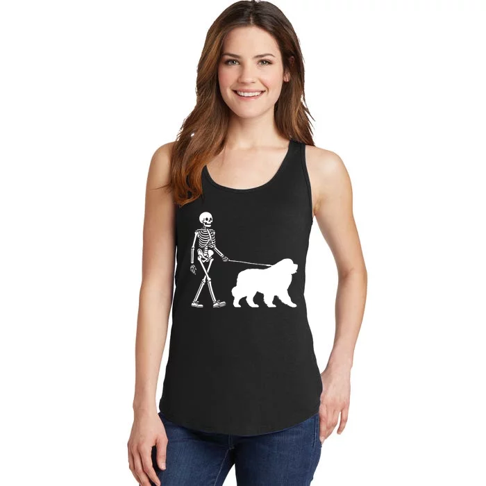 Skeleton Walking A Newfoundland Dog Halloween Outfit Ladies Essential Tank