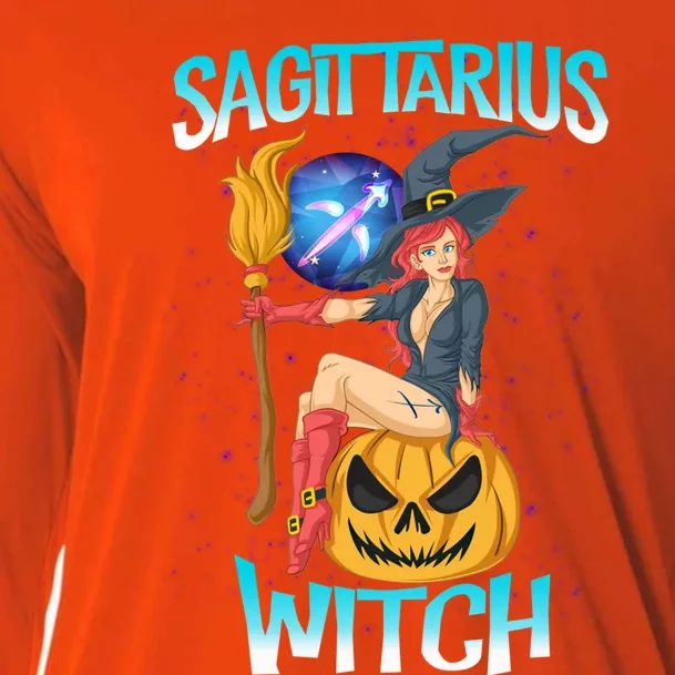 Sagittarius Witch And Cute Pumpkin And Astrology Gift Cooling Performance Long Sleeve Crew