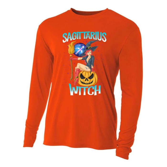 Sagittarius Witch And Cute Pumpkin And Astrology Gift Cooling Performance Long Sleeve Crew