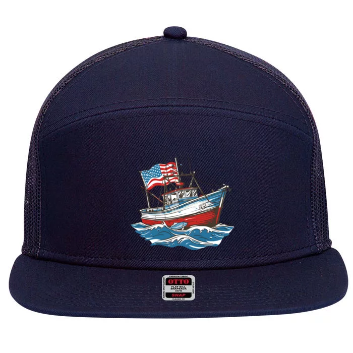 Ship With American Flag Design Patriotic Fishing Cool Gift 7 Panel Mesh Trucker Snapback Hat