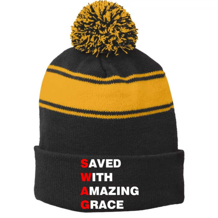 Swag Saved With Amazing Grace Stripe Pom Pom Beanie