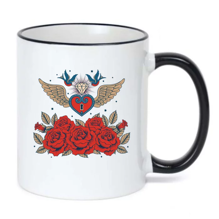 Swallow Bird Heart Locket And Roses Black Color Changing Mug