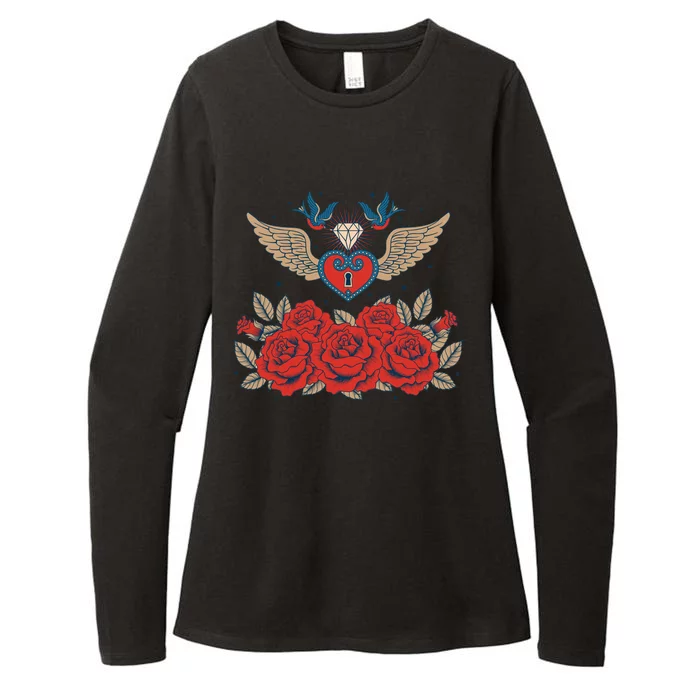 Swallow Bird Heart Locket And Roses Womens CVC Long Sleeve Shirt