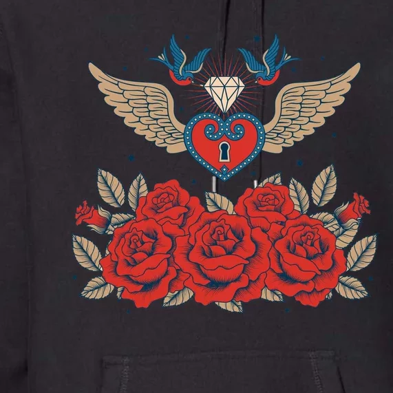 Swallow Bird Heart Locket And Roses Premium Hoodie