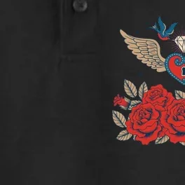 Swallow Bird Heart Locket And Roses Dry Zone Grid Performance Polo