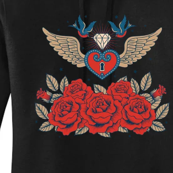 Swallow Bird Heart Locket And Roses Women's Pullover Hoodie