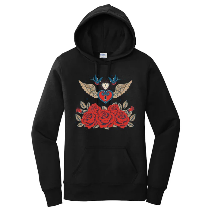 Swallow Bird Heart Locket And Roses Women's Pullover Hoodie