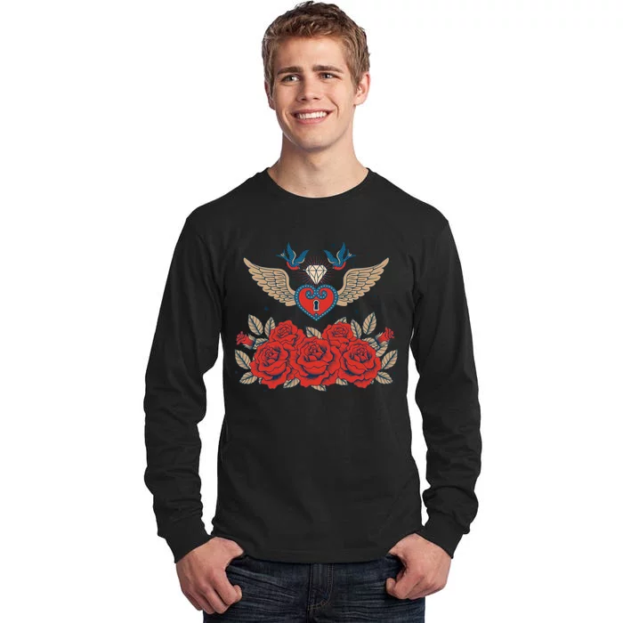 Swallow Bird Heart Locket And Roses Tall Long Sleeve T-Shirt