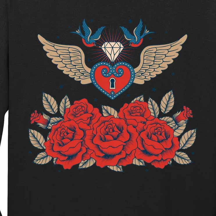 Swallow Bird Heart Locket And Roses Tall Long Sleeve T-Shirt