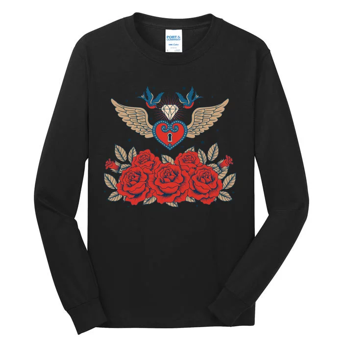 Swallow Bird Heart Locket And Roses Tall Long Sleeve T-Shirt