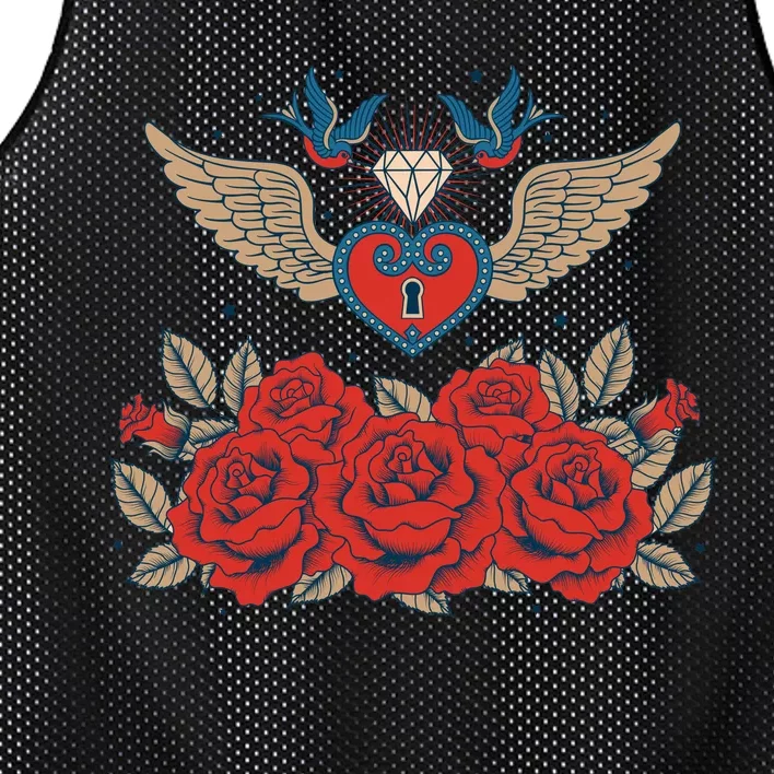 Swallow Bird Heart Locket And Roses Mesh Reversible Basketball Jersey Tank