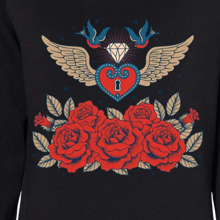 Swallow Bird Heart Locket And Roses Womens California Wash Sweatshirt