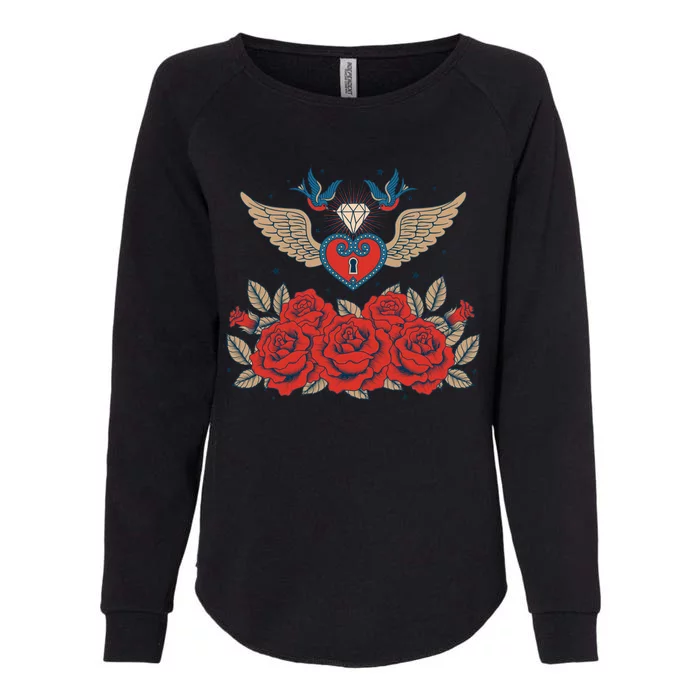 Swallow Bird Heart Locket And Roses Womens California Wash Sweatshirt