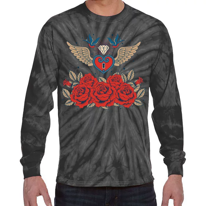 Swallow Bird Heart Locket And Roses Tie-Dye Long Sleeve Shirt