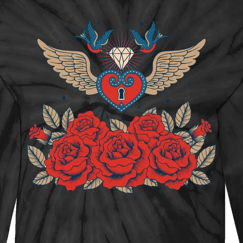 Swallow Bird Heart Locket And Roses Tie-Dye Long Sleeve Shirt