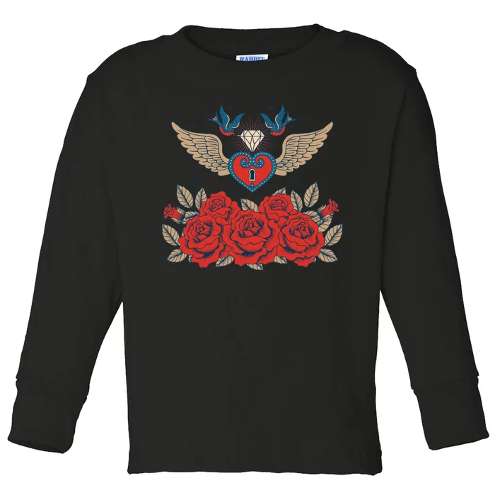 Swallow Bird Heart Locket And Roses Toddler Long Sleeve Shirt