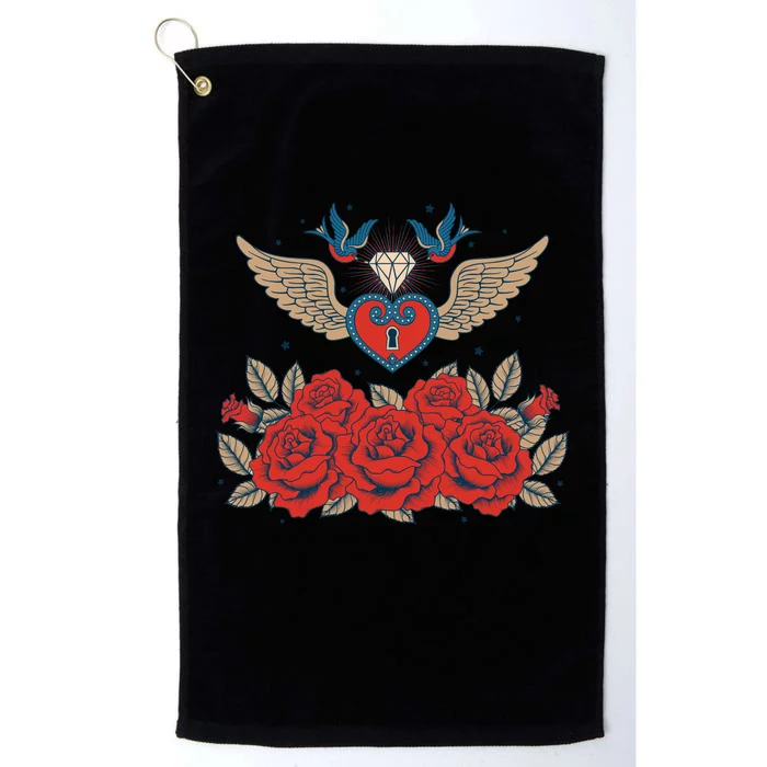 Swallow Bird Heart Locket And Roses Platinum Collection Golf Towel