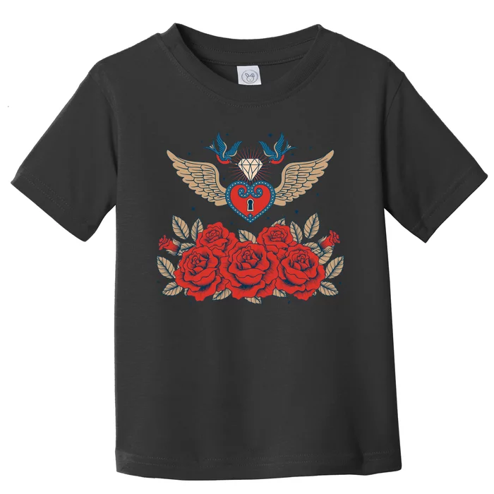 Swallow Bird Heart Locket And Roses Toddler T-Shirt