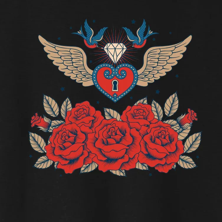 Swallow Bird Heart Locket And Roses Women's Crop Top Tee