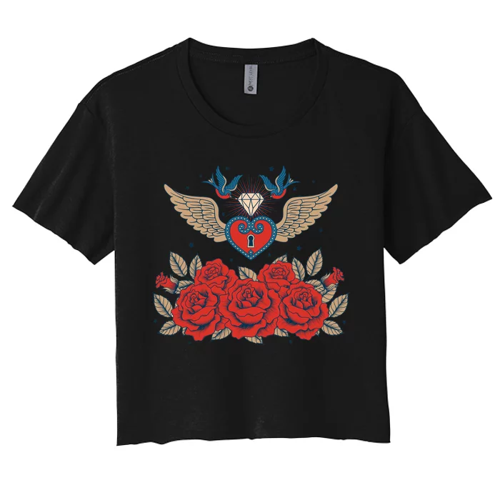 Swallow Bird Heart Locket And Roses Women's Crop Top Tee