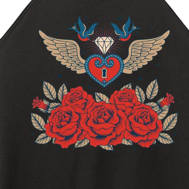 Swallow Bird Heart Locket And Roses Women’s Perfect Tri Rocker Tank