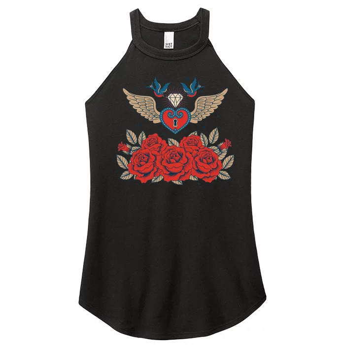 Swallow Bird Heart Locket And Roses Women’s Perfect Tri Rocker Tank