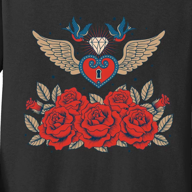 Swallow Bird Heart Locket And Roses Kids Long Sleeve Shirt