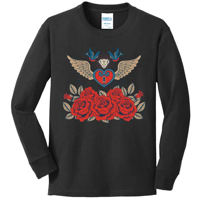 Swallow Bird Heart Locket And Roses Kids Long Sleeve Shirt