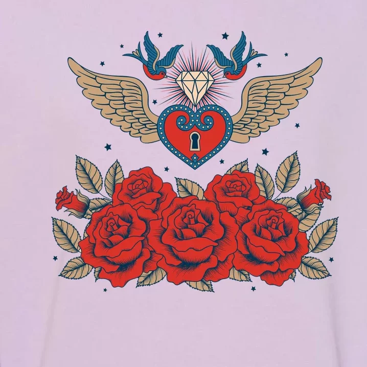 Swallow Bird Heart Locket And Roses Garment-Dyed Sweatshirt