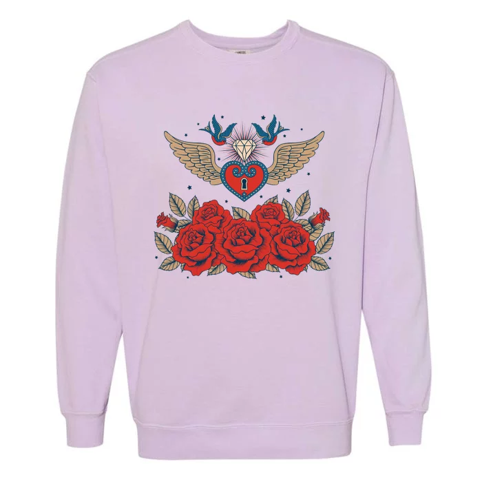 Swallow Bird Heart Locket And Roses Garment-Dyed Sweatshirt