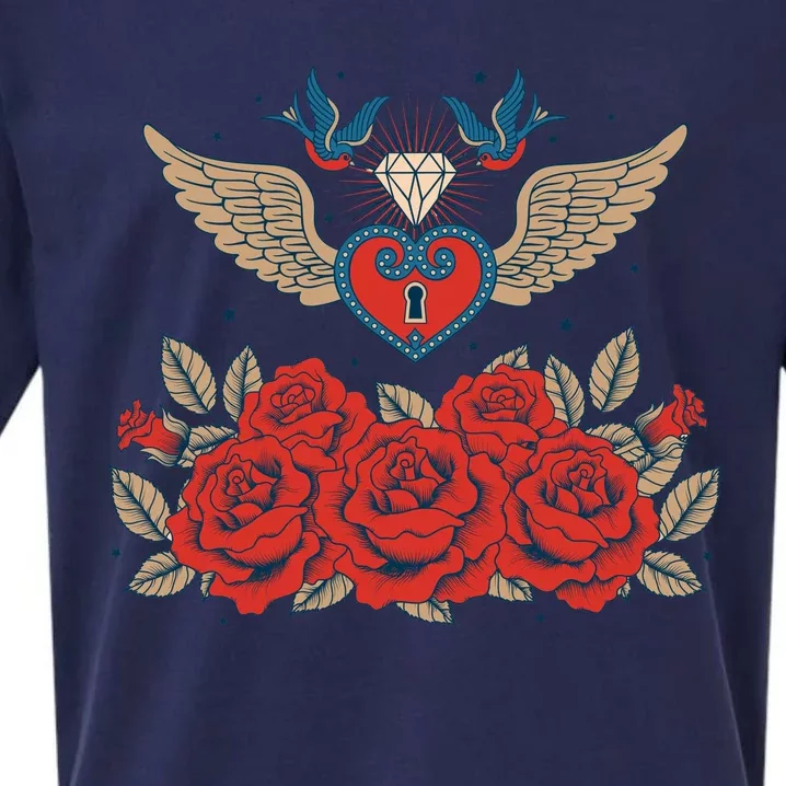 Swallow Bird Heart Locket And Roses Sueded Cloud Jersey T-Shirt