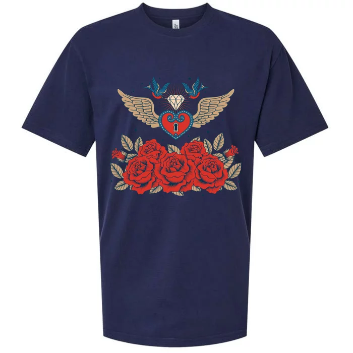 Swallow Bird Heart Locket And Roses Sueded Cloud Jersey T-Shirt