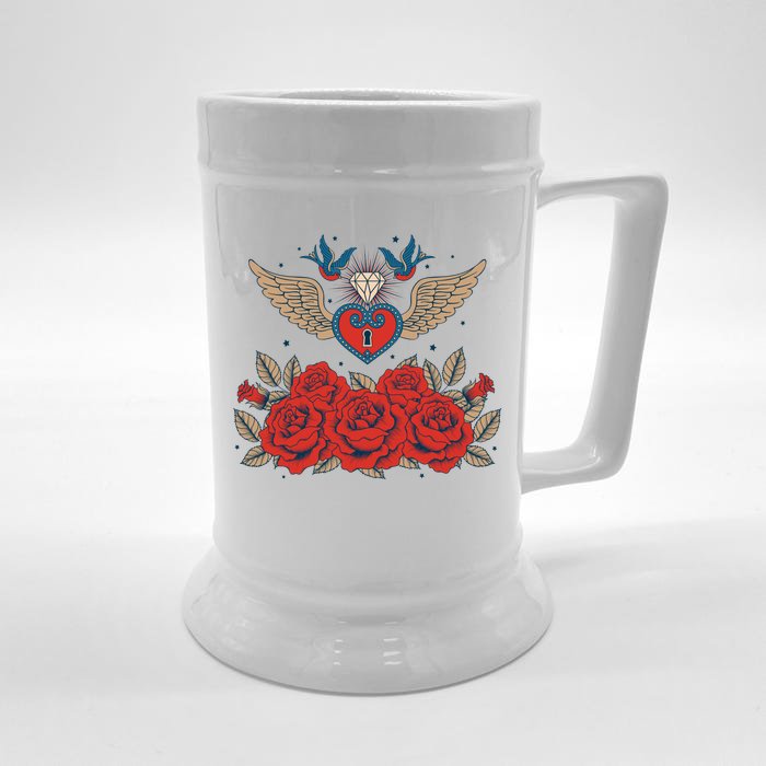 Swallow Bird Heart Locket And Roses Front & Back Beer Stein