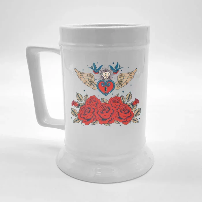 Swallow Bird Heart Locket And Roses Front & Back Beer Stein