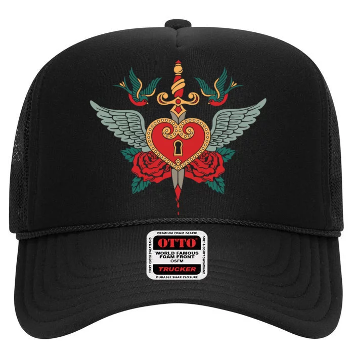 Swallows Heart Lockbox Sword High Crown Mesh Trucker Hat