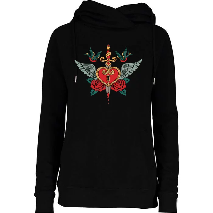 Swallows Heart Lockbox Sword Womens Funnel Neck Pullover Hood